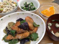 290522⑳鮭と茄子の甘味噌炒め・ひじきご飯